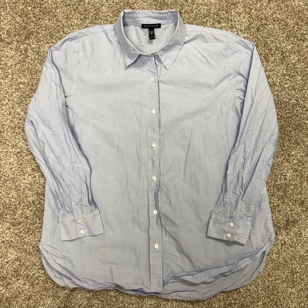 Eileen Fisher Classic Collar Organic Cotton Button-Up Shirt Women's Small Blue